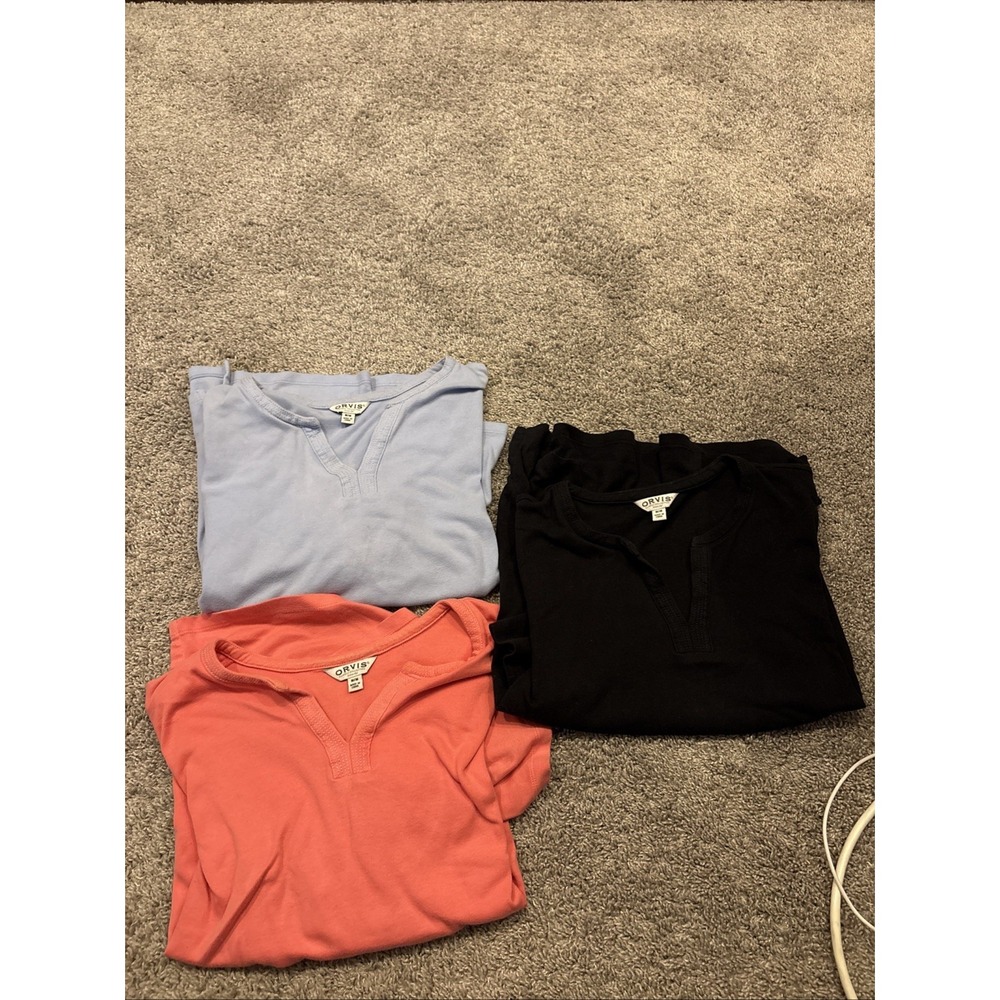 3 LOT Orvis Women's Medium Pink Blue Black 3/4 Sleeve Pima Cotton Casual Shirt